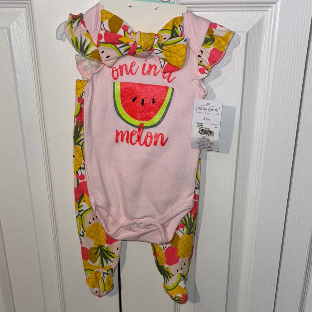 BABY GEAR Colorful Fruit Print Baby Pants onesie & bow matching set 3-6mos